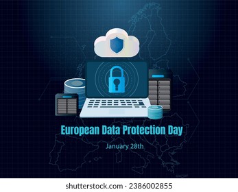 European Data Protection Day
January 28th.Laptop with padlock and around it ,cloud or data storage systems .on blue background .concept security and data protection.
