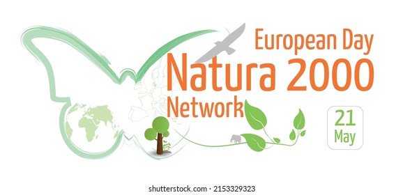 Der Europäische Tag des Natura-2000-Netzes.ökologisches Netz von Naturschutzgebieten.Sein Symbol ist der grüne Schmetterling, der von Bäumen, Blättern und Tieren auf weißem Hintergrund umgeben ist.