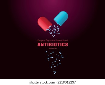 European Day for the prudent use of antibiotics. Open capsule with the contents falling out in the form of pellets.