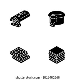 European desserts black glyph icons set on white space. Austrian apple strudel. Chocolate lava cake. Brussels, Belgian waffles. Classic Tiramisu. Silhouette symbols. Vector isolated illustration