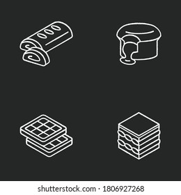 European desserts chalk white icons set on black background. Austrian apple strudel. Chocolate lava cake. Brussels, Belgian waffles. Classic Tiramisu. Isolated vector chalkboard illustrations