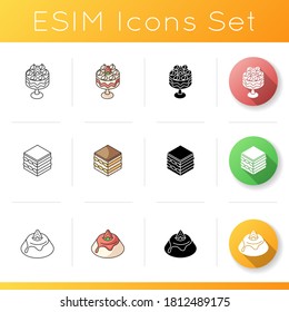 European desserts icons set. Trifle. European cuisine. Tiramisu. Panna cotta. Italian traditional sweets. Classic English dessert. Linear, black and RGB color styles. Isolated vector illustrations