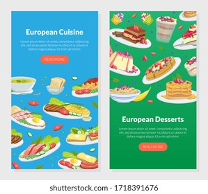 Lista de plantillas de presentación de platos y postres europeos, Página de inicio de la comida tradicional, Ilustración de vectores de sitios web