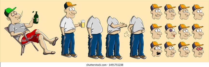 European driver character drawing with different facial expressions and body poses. Cartoon man with blue jeans tracksuit and white shirt and a beer sitting. Emotions and postures human faces grimaces