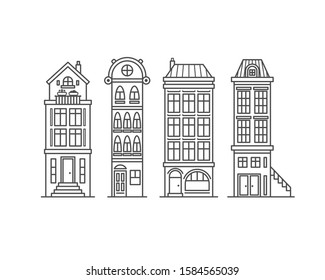 European dutch street. Amsterdam traditional outline houses or buildings. Minimalistic icons. Graphic vector set. Cartoon style, simple flat design. Trendy illustration. Every icon is isolated.