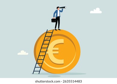 European economic forecast, Investor entrepreneur climbs ladder on Euro coin while using telescope to get better insight.