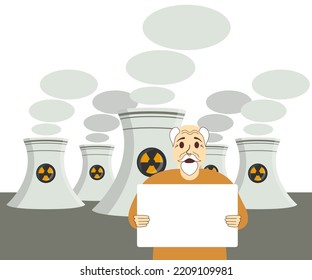 European elderly grandfather protests with a blank poster against the backdrop of nuclear power plants, shouts and swears. Old man struggle equality. Nuclear plant for clean green energy production