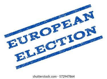 European Election watermark stamp. Text tag between parallel lines with grunge design style. Rotated rubber seal stamp with unclean texture. Vector blue ink imprint on a white background.