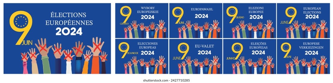 European elections 2024 in 9 languages. People raising hands. Cross check marks and European Flag Background with Stars. flat vector illustration.