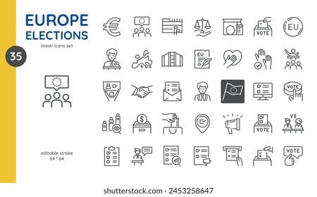 Conjunto de iconos de las elecciones europeas 2024: Votación y símbolos democráticos. Incluye urnas, Parlamento de la UE, manos de votación, marcas de verificación y emblemas de debate.