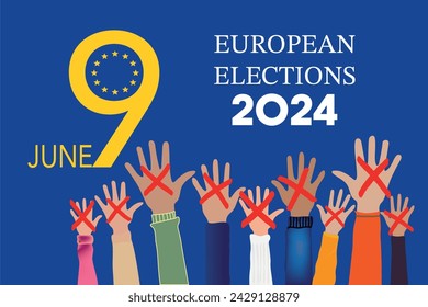 European elections 2024 in language English. People raising hands. Cross check marks and European Flag Background with Stars. flat vector illustration.