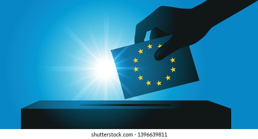 European elections concept with the hand of an elector holding his ballot paper in the colors of the European flag, before sliding it into the ballot box.