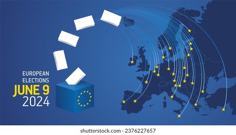 European elections June 9, 2024. EU political elections campaign banner with blue background. EU Elections 2024. EU stars with European flag, map, ballot box and ballots on blue background
