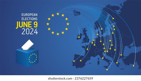 European elections June 9, 2024. Voting Day 2024 Elections in EU. EU Elections 2024. EU stars with European flag, map, ballot box and ballots on blue background