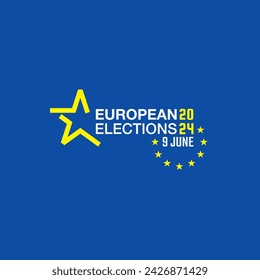 Elecciones europeas 9 de junio de 2024. Diseño de banner de campaña del Parlamento Europeo con bandera sobre fondo azul.