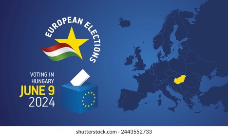 European elections June 9, 2024. Voting Day 2024 Elections in Hungary. EU Elections 2024. Hungarian flag EU stars with European flag, map, ballot box and ballot on blue background