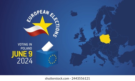 European elections June 9, 2024. Voting Day 2024 Elections in Poland. EU Elections 2024. Polish flag EU stars with European flag, map, ballot box and ballot on blue background