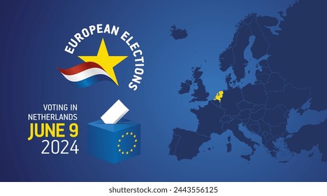 European elections June 9, 2024. Voting Day 2024 Elections in Netherlands. EU Elections 2024. Dutch flag EU stars with European flag, map, ballot box and ballot on blue background