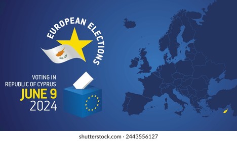 Elecciones europeas 9 de junio de 2024. Elecciones en la República de Chipre el día de la votación de 2024. Elecciones UE 2024. Bandera chipriota de la UE estelarizada con bandera europea, mapa, urna y papeleta en fondo azul