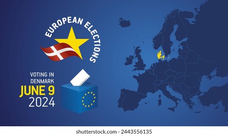 European elections June 9, 2024. Voting Day 2024 Elections in Denmark. EU Elections 2024. Danish flag EU stars with European flag, map, ballot box and ballot on blue background