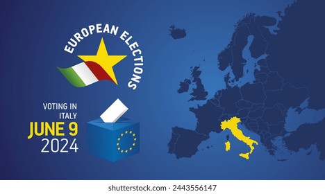 European elections June 9, 2024. Voting Day 2024 Elections in Italy. EU Elections 2024. Italian flag EU stars with European flag, map, ballot box and ballot on blue background