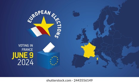 European elections June 9, 2024. Voting Day 2024 Elections in France. EU Elections 2024. French flag EU stars with European flag, map, ballot box and ballot on blue background