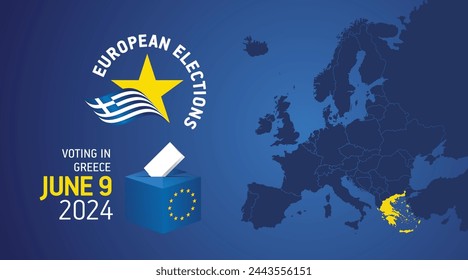 Europawahl 9. Juni 2024. Wahltag 2024 Wahlen in Griechenland. EU-Wahlen 2024. Griechische Flagge EU Sterne mit Europaflagge, Karte, Wahlurne und Stimmzettel auf blauem Hintergrund