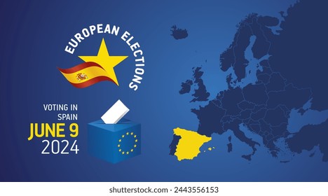 European elections June 9, 2024. Voting Day 2024 Elections in Spain. EU Elections 2024. Spanish flag EU stars with European flag, map, ballot box and ballot on blue background