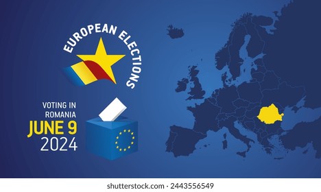 European elections June 9, 2024. Voting Day 2024 Elections in Romania. EU Elections 2024. Romanian flag EU stars with European flag, map, ballot box and ballot on blue background