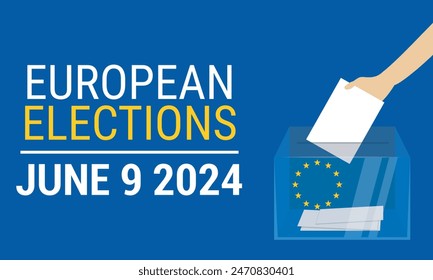 European elections June 9, 2024. European elections banner with glass ballot box and ballot on blue background in cartoon style