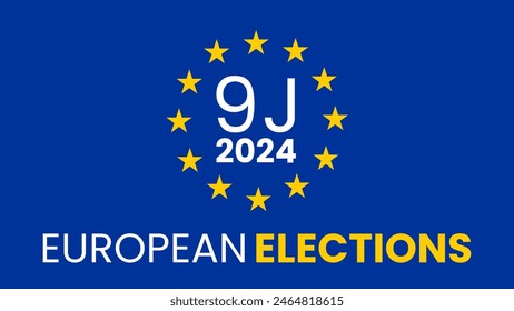 European elections thumbnail with a blue background with the 12 stars and text refering to the June 9 2024 event