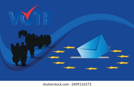 European elections, Voting, Vote Text with checkmark. EU Elections 2024. Cut out Silhouette of refugees fleeing. ballot box and ballots, letter on blue European union Flag Background