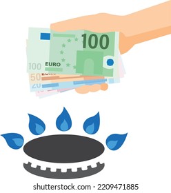 European energy crisis after Russia's invasion of Ukraine. Blue flame of burning natural gas from a gas stove. Using natural gas  very high prices in Europe. Hand holding euro, high money. 