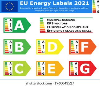 European energy labels set 2 showing efficiency class and scale compliant with EU regulation. It's mandatory for fridges, freezers, dishwashers, washing machines, tv and displays, light bulbs or lamps