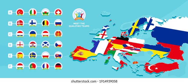 European euro 2020 football championship Vector illustration with a map of Europe with highlighted countries flag that qualified to final stage and logo sign on blue background