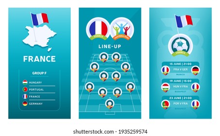 European Euro 2020 football vertical banner set for social media. France group F banner with isometric map, pin flag, match schedule and line-up on soccer field svg