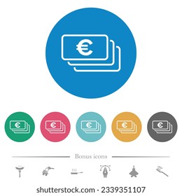 European Euro banknotes outline flat white icons on round color backgrounds. 6 bonus icons included.