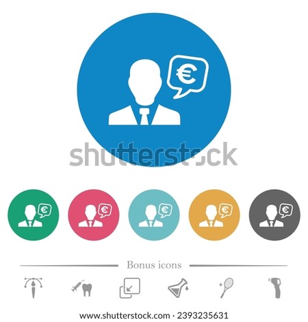 European Euro financial advisor flat white icons on round color backgrounds. 6 bonus icons included.