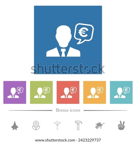 European Euro financial advisor flat white icons in square backgrounds. 6 bonus icons included.