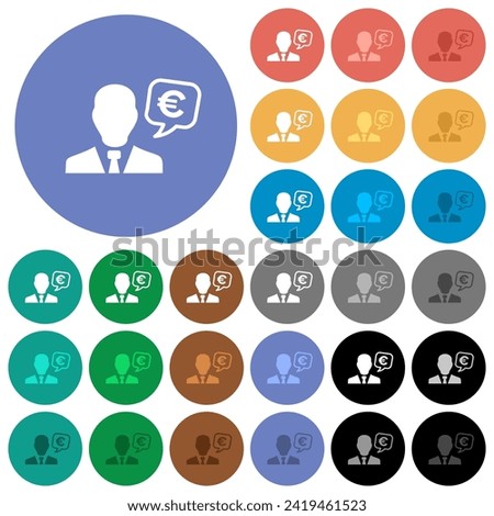 European Euro financial advisor multi colored flat icons on round backgrounds. Included white, light and dark icon variations for hover and active status effects, and bonus shades.