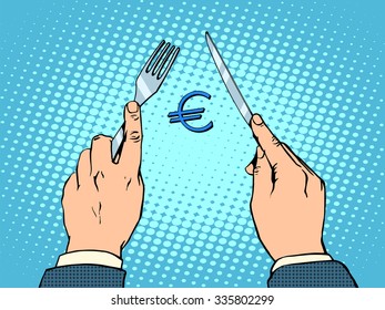 European Euro knife and fork financial concept pop art retro style. European politics and Economics business