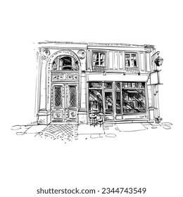 European facades of beautiful cafes, shops, boutiques, stores. Sketch architecture vector illustration. 