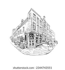 European facades of beautiful cafes, shops, boutiques, stores. Sketch architecture vector illustration. 