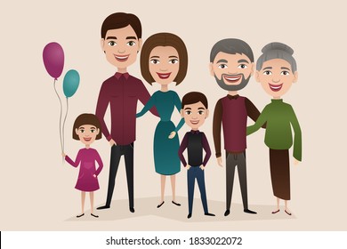 European family. Boy, girl kids mother woman, father man parents, grandmother, grandfather standing together. Wife and husband person with children. European family portrait vector illustration