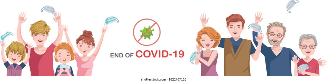 European family. Gestures very happy. Cheers! remove midical mask. Concept back to schoo. End of COVID-19. Successful treatment. Vaccine against COVID-19. No pollution. svg