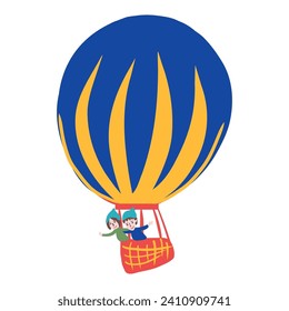 European family, girl and boy in clothes on striped air ballon isolated on white background, vector cartoon illustration, ride tandem on holiday vacation, parent in immigration for travel design, map