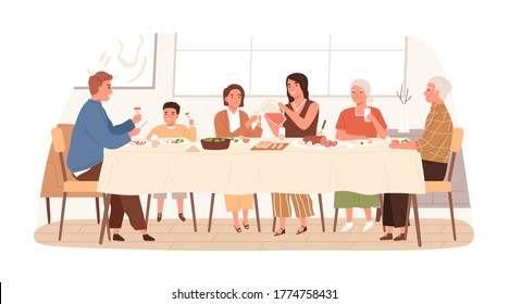 European Family Sitting At Table Together Have Festive Dinner Vector Flat Illustration. Smiling Children, Parents And Grandparents Eating, Drinking And Talking To Each Other Isolated On White