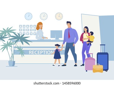 European Family with Young Children Traveling with Their Suitcases on Business Trip Abroad. They are Suitable to Receive.  Poster Husband and Wife are Registered at Hotel Reception.