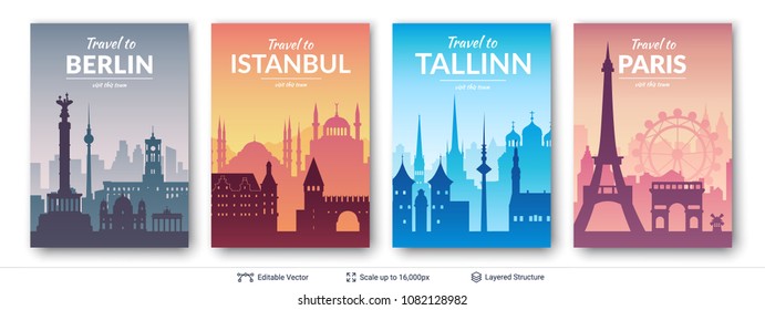 European famous city scapes set. Flat well known silhouettes. Vector illustration easy to edit for flyers or web banners.