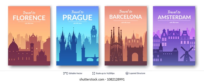 European famous city scapes set. Flat well known silhouettes. Vector illustration easy to edit for flyers or web banners.